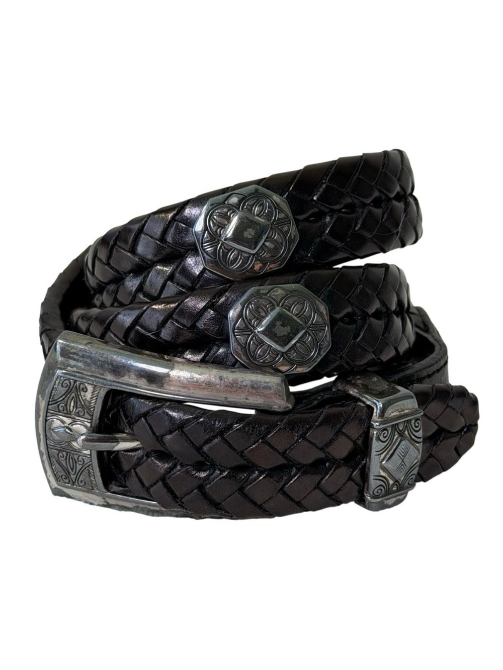 Brighton Braided Leather Belt Black Silver Western Boho Concho Vintage Medium 30